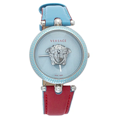 Pre-owned Versace Blue Stainless Steel & Leather Palazzo Vco 070017 Women's Wristwatch 37mm