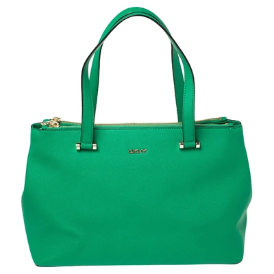 Pre-owned Dkny Green Leather Dona Karan Double Zip Tote In Red