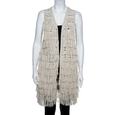 Pre-owned Alice And Olivia Cream Crochet Knit Fringed Open Front Weiss Vest M