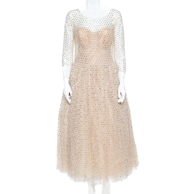 Pre-owned Dolce & Gabbana Cream Crystal Embellished Tulle Evening Gown L