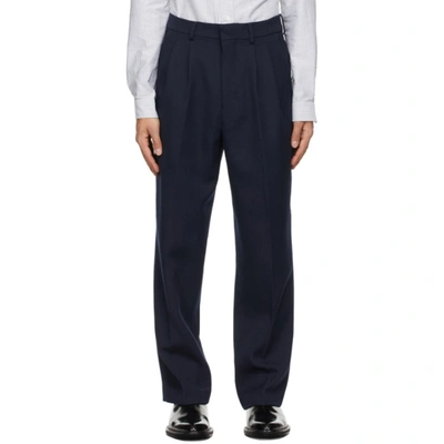 Ami Alexandre Mattiussi Navy Wide Fit Pleated Trousers In Navy/410