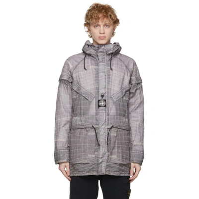 Stone Island Reflective Grid-print Hooded Garment-dyed Parka In Grey