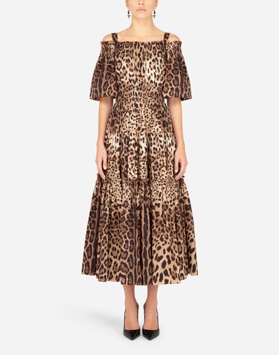 Dolce & Gabbana Long Leopard-print Poplin Dress In Multicolor