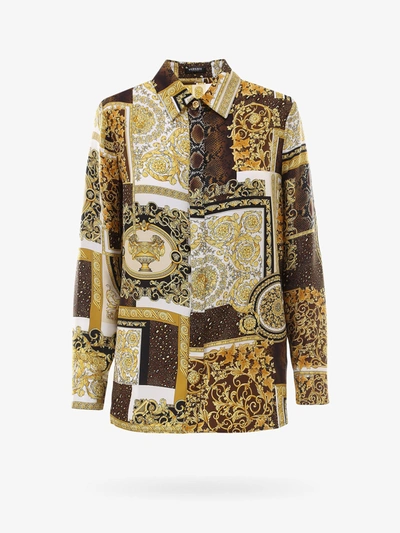 Versace Patchwork Barocco Button-up Silk Blouse In Brown