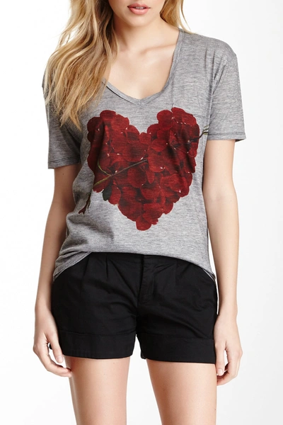 Go Couture V-neck Printed T-shirt In Charcoal Single Rose Heart
