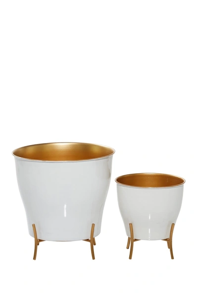 Willow Row Round White Enamel Metal Planters With Gold Inlay And Stand