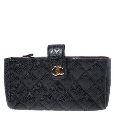Pre-owned Chanel Black Quilted Caviar Leather Cc Phone Pouch