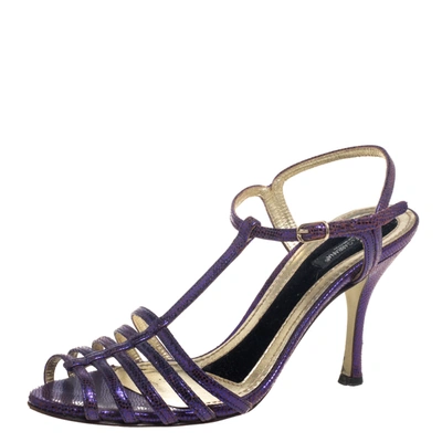 Pre-owned Dolce & Gabbana Purple Lizard Embossed Leather T Strap Sandals Size 36