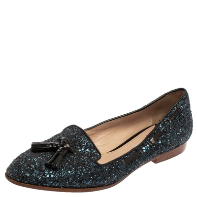 Pre-owned Miu Miu Blue Glitter And Leather Tassel Smoking Loafer Size 38.5