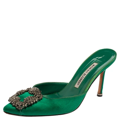 Pre-owned Manolo Blahnik Royal Green Satin Hangisi Pointed Toe Mules Size 36.5