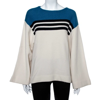 Pre-owned Chloé Cream & Blue Striped Cashmere Wide Sleeve Sweater M
