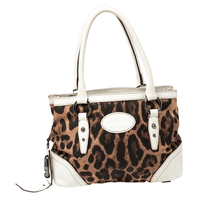 Pre-owned Dolce & Gabbana White/brown Animal Print Fabric And Leather Satchel
