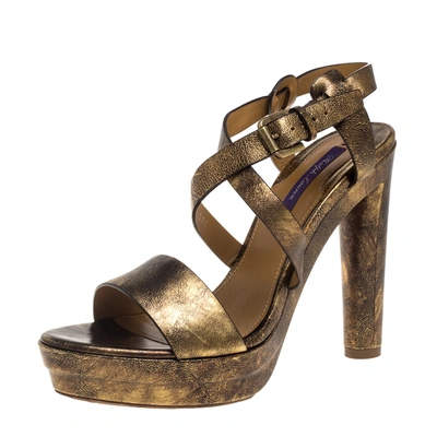 Pre-owned Ralph Lauren Two Tone Leather Estrid Platform Ankle Strap Sandals Size 39.5 In Gold