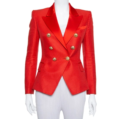 Pre-owned Balmain Red Textured Cotton & Silk Double Breasted Blazer M