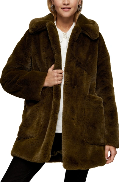 Topshop Eddie Faux Fur Coat In Olive