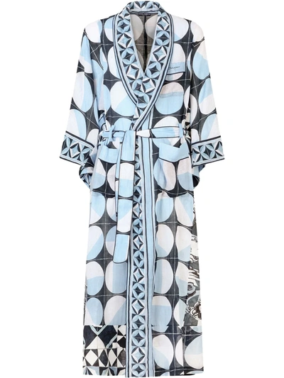 Dolce & Gabbana Majolica Print Linen Robe In Blue