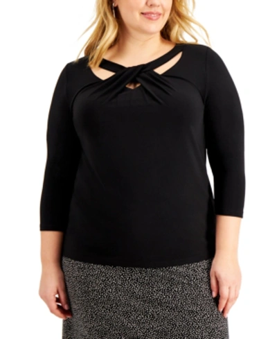 Kasper Plus Size Twist-neck Top In Black