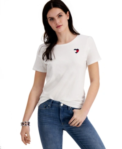 Tommy Hilfiger Women's Embroidered Heart-logo T-shirt In Bright White