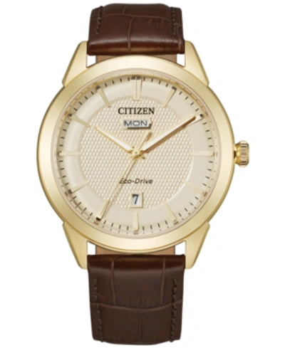 Citizen Eco-drive Men's Corso Brown Leather Strap Watch 40mm In Brown / Champagne / Gold Tone
