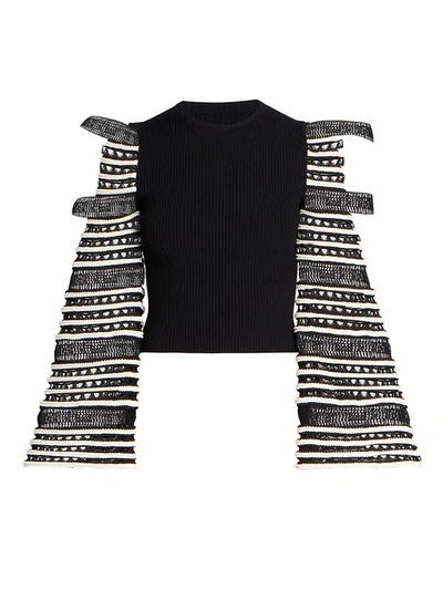 Alaïa Women's Crochet Wide-sleeve Knit Top In Noir Ivory