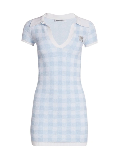 Alexander Wang T 'towel' Crystal Embellished Logo Brooch Gingham Polo Dress In Blue,white