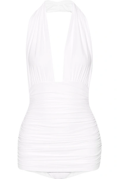 Norma Kamali Bill Ruched Halterneck Swimsuit In White