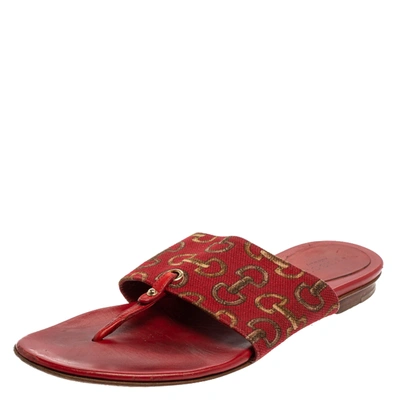 Pre-owned Gucci Red Canvas And Leather Thong Flats Sandals Size 36.5