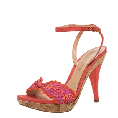 Pre-owned Sergio Rossi Orange Embroidered Strap Sandals Size 37.5