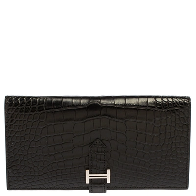 Pre-owned Hermes Black Alligator Bearn Gusset Wallet
