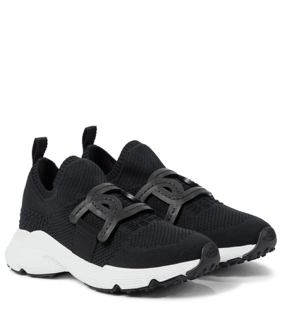 Tod's Leather-trimmed Knit Sneakers In Black