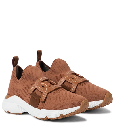 Tod's Leather-trimmed Knit Trainers In Brown