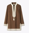 Tory Burch Solid Tassel-front Cotton Voile Tunic In Deep Chocolate