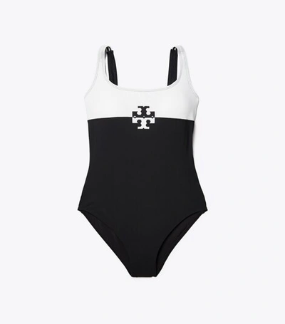 Tory Burch Logo-printed Colourblocked Swimsuit In White,black