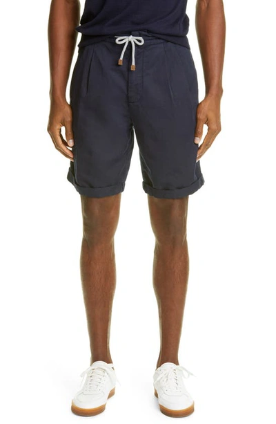 Brunello Cucinelli Straight-leg Pleated Cotton-twill Drawstring Shorts In Bleu Marine