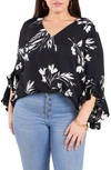 Vince Camuto Plus Size Flutter Sleeve Floral Whisps V-neck Tunic In Rich Black