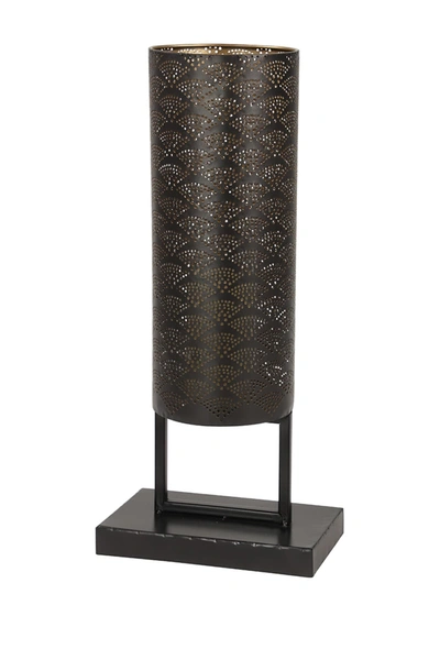 Willow Row Modern Style Large Black Cylinder Metal Lantern With Pierced Metal Boho Pattern On Metal Base