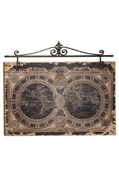 Willow Row Vintage Style Large Black Metal And Brown Wood World Map Wall Decor With Fleur De Lis & Finial Accen