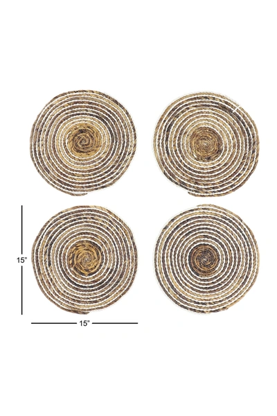 Willow Row Striped White & Natural Banana Leaf Wicker Round Placemats In Brown