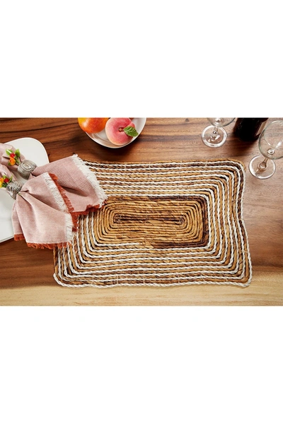 Willow Row Rectangular Striped White & Natural Banana Leaf Wicker Placemats In Brown