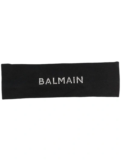 Balmain Rhinestone-logo Print Hairband In Black