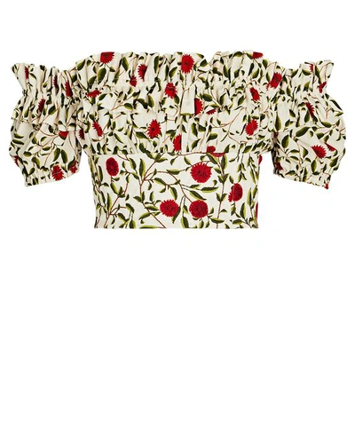 Agua By Agua Bendita Pimienta Off-the-shoulder Cropped Embroidered Floral-print Cotton-poplin Top In White