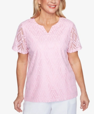Alfred Dunner Women's Missy Classics Diamond Lace Short Sleeve Top In Petal