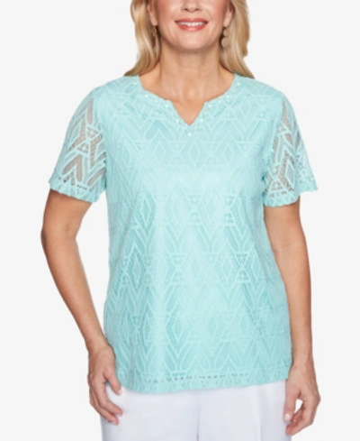 Alfred Dunner Women's Missy Classics Diamond Lace Short Sleeve Top In Mint
