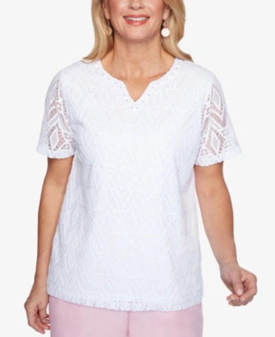 Alfred Dunner Women's Missy Classics Diamond Lace Short Sleeve Top In White