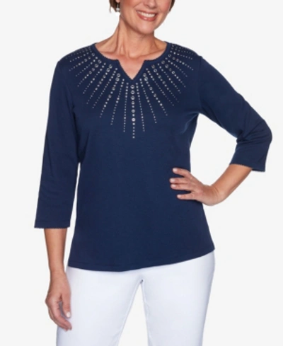Alfred Dunner Plus Size Lazy Daisy Sunburst Heat Set Top In Navy