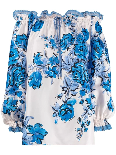 Alberta Ferretti Floral Print Off Shoulder Blouse In White