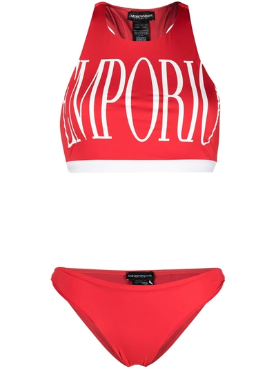 Emporio Armani Racer-back Logo Print Bikini Set In Red