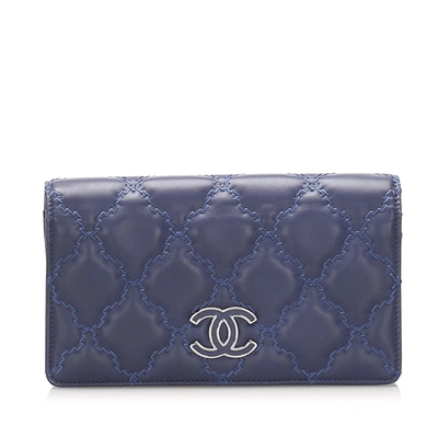 Pre-owned Chanel Cc Wild Stitch Leather Long Wallet In Blue