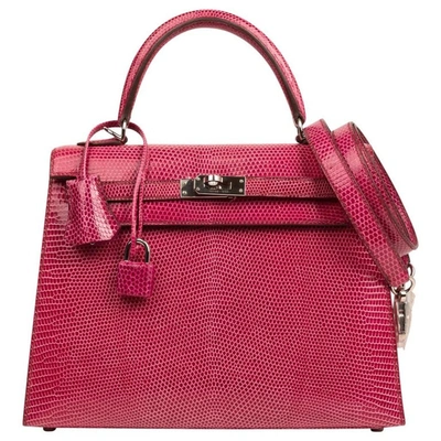 Pre-owned Hermes Kelly 25 Bag Sellier Fuschia Pink Lizard Palladium