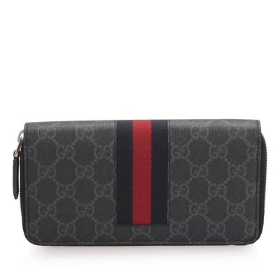 Pre-owned Gucci Gg Supreme Web Zip Around Wallet In Black
